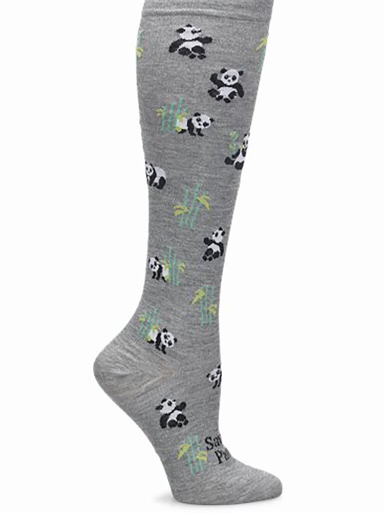 The NurseMates Women's Wide Calf Compression Socks in "Pandas" featuring a unique print featuring pandas and stalks of bamboo on a light grey background.