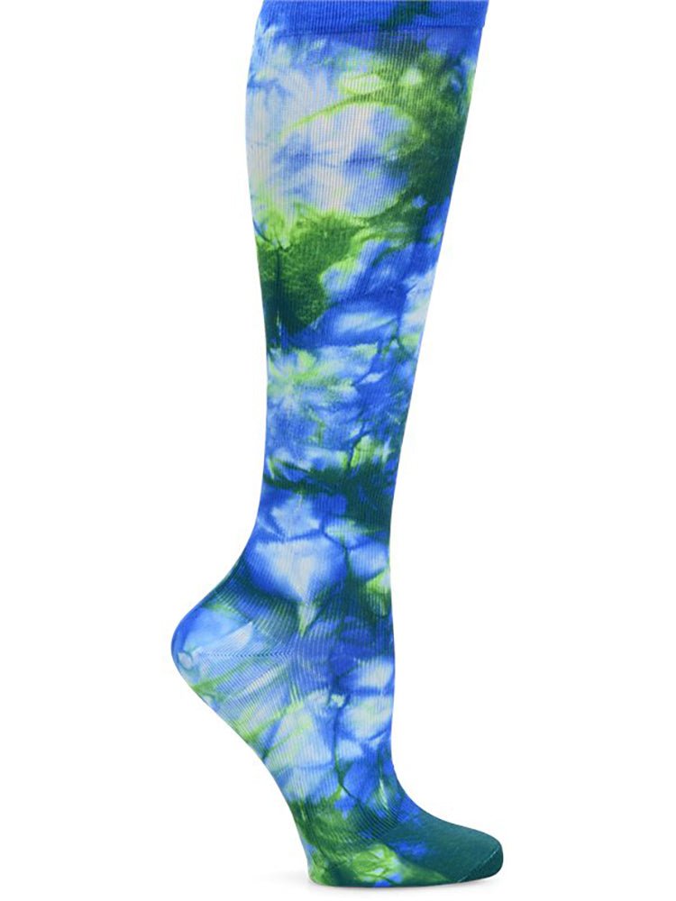 The NurseMates Women's Wide Calf Compression Socks in "Tie Dye Royal/Green" featuring a unique construction made of 87% nylon and 13% lycra to help reduce risk of varicose veins. 