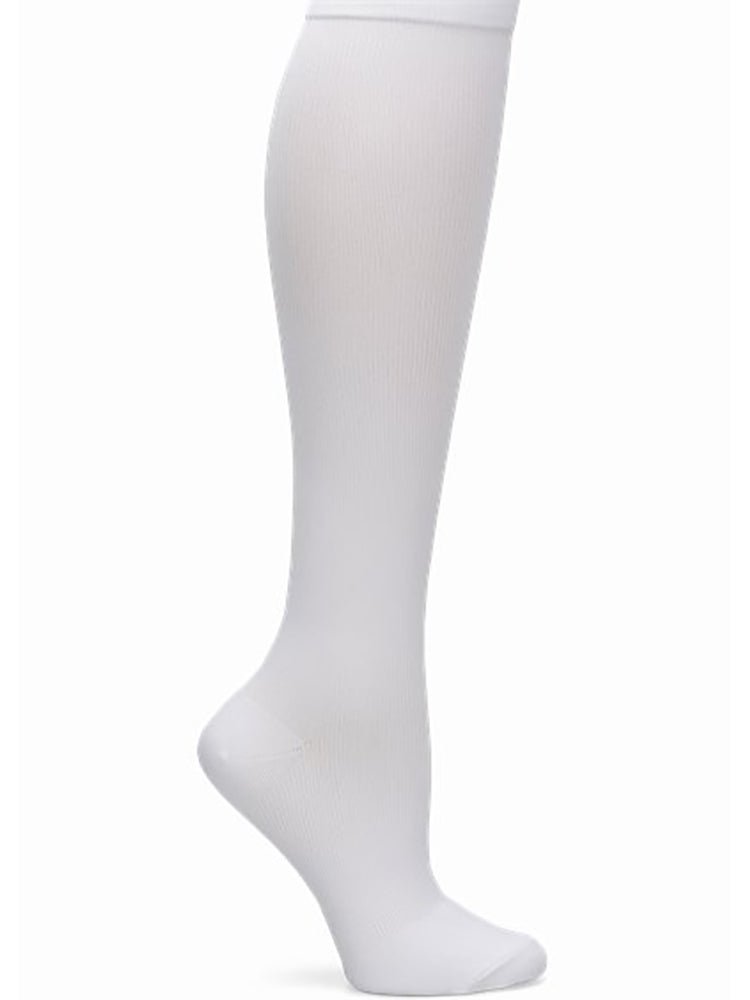 The NurseMates Women's Wide Calf Compression Socks in "White" featuring 12-14 mmHg Graduated Compression to help prevent Economy Class Syndrome (DVT).