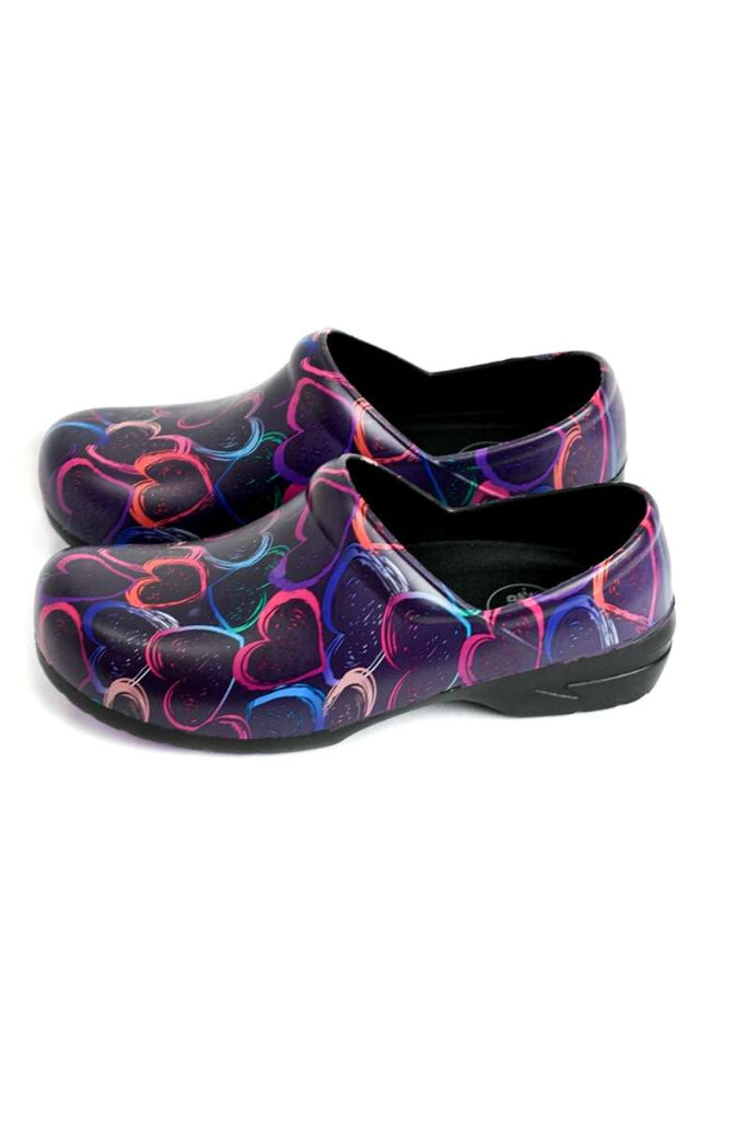 A side view of the StepZ Women's Slip Resistant Memory Foam Clogs in "Plum Brush Stroke Hearts" featuring a unique EVA construction, engineered to withstand very high temperatures.