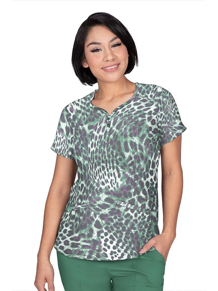 Premiere by Healing Hands Women's Isabel Print Top in Faux Fur featuring Y-neck with decorative buttons & 2 pockets