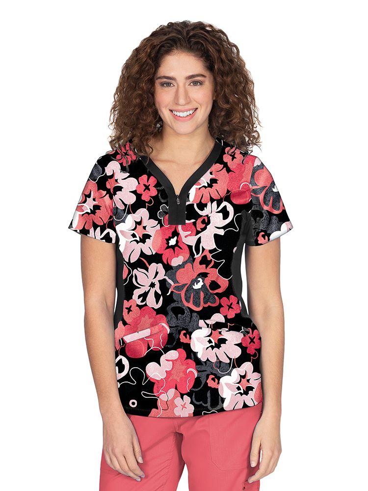 Premiere by Healing Hands Women's Jessi Print Top in Autumn Glow featuring a Y-neckline with zip-up binding