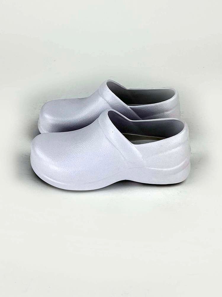 Two Wide Toe-Box Memory Foam Clogs in white featuring Premium water-based fluid slip-resistance. 