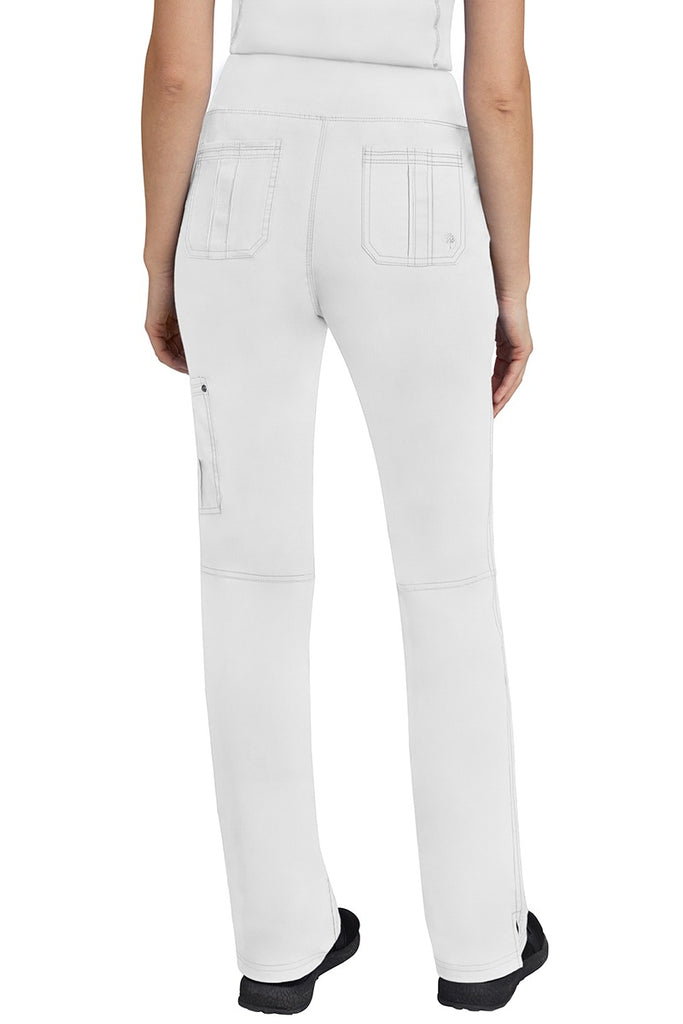 A lady CNA wearing a pair of Women's Tori Yoga Waistband Scrub Pants from Purple Label in White featuring 2 back patch pockets for additional on the job storage room.