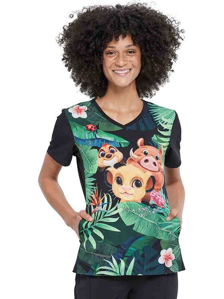 A Cherokee Tooniforms Women's V-neck Print Scrub Top in "Wild Things" size small featuring short sleeves.
