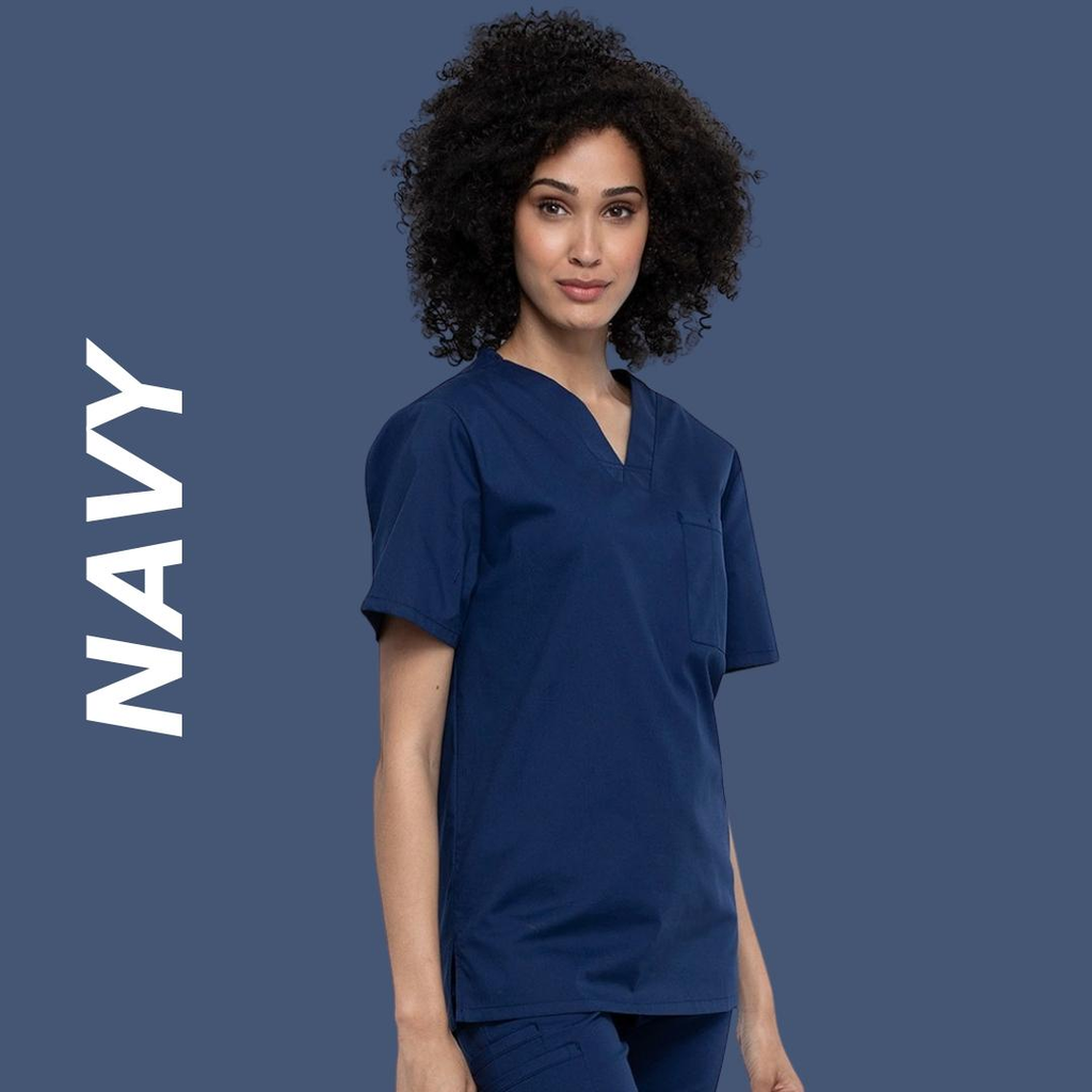 A young female LPN wearing Navy Blue scrubs on a solid, blue background with text to the left stating "Navy".