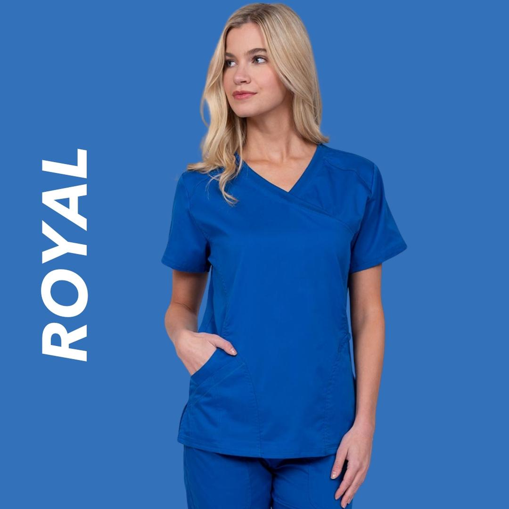 A young female Physical Therapist wearing Royal Blue scrubs on a solid, blue background with text to the left stating "Royal".