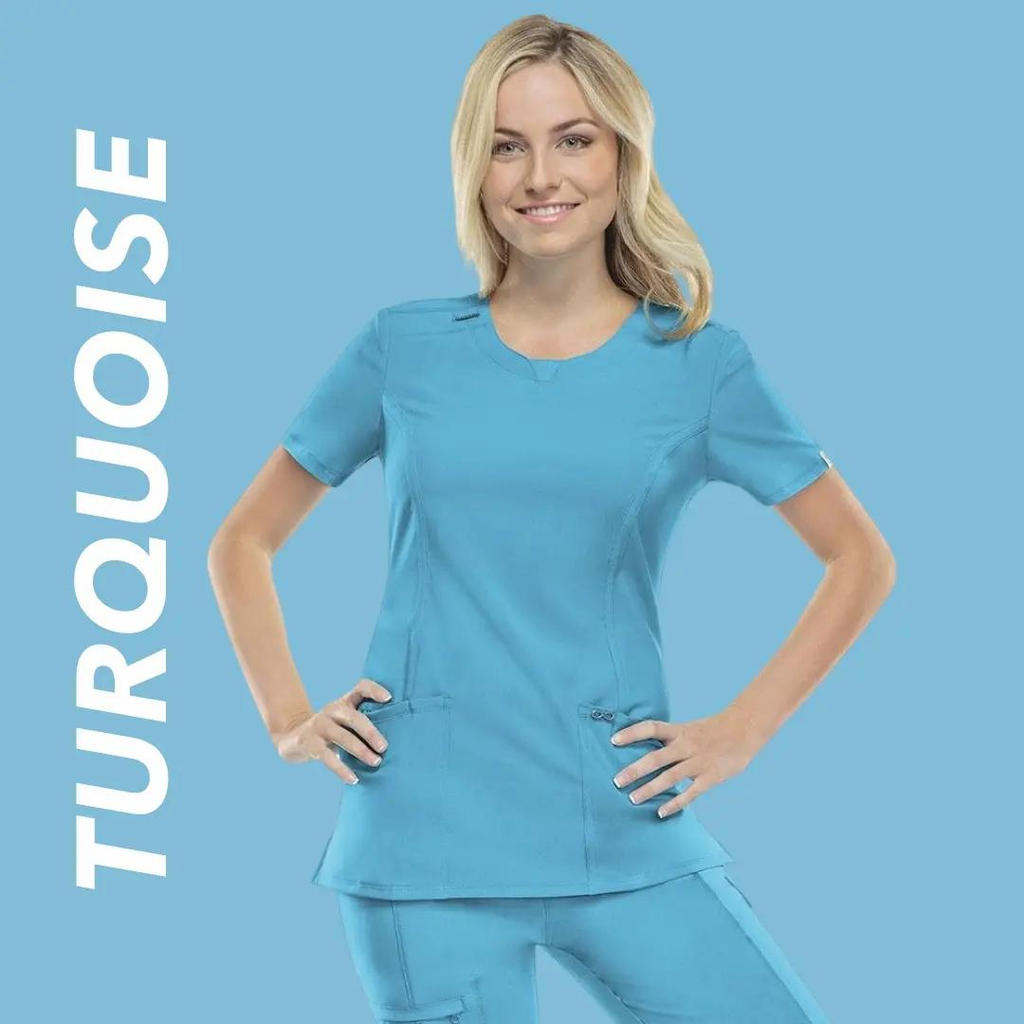A young female Oncologist wearing Turquoise scrubs on a light blue background with text to the left stating Turquoise.