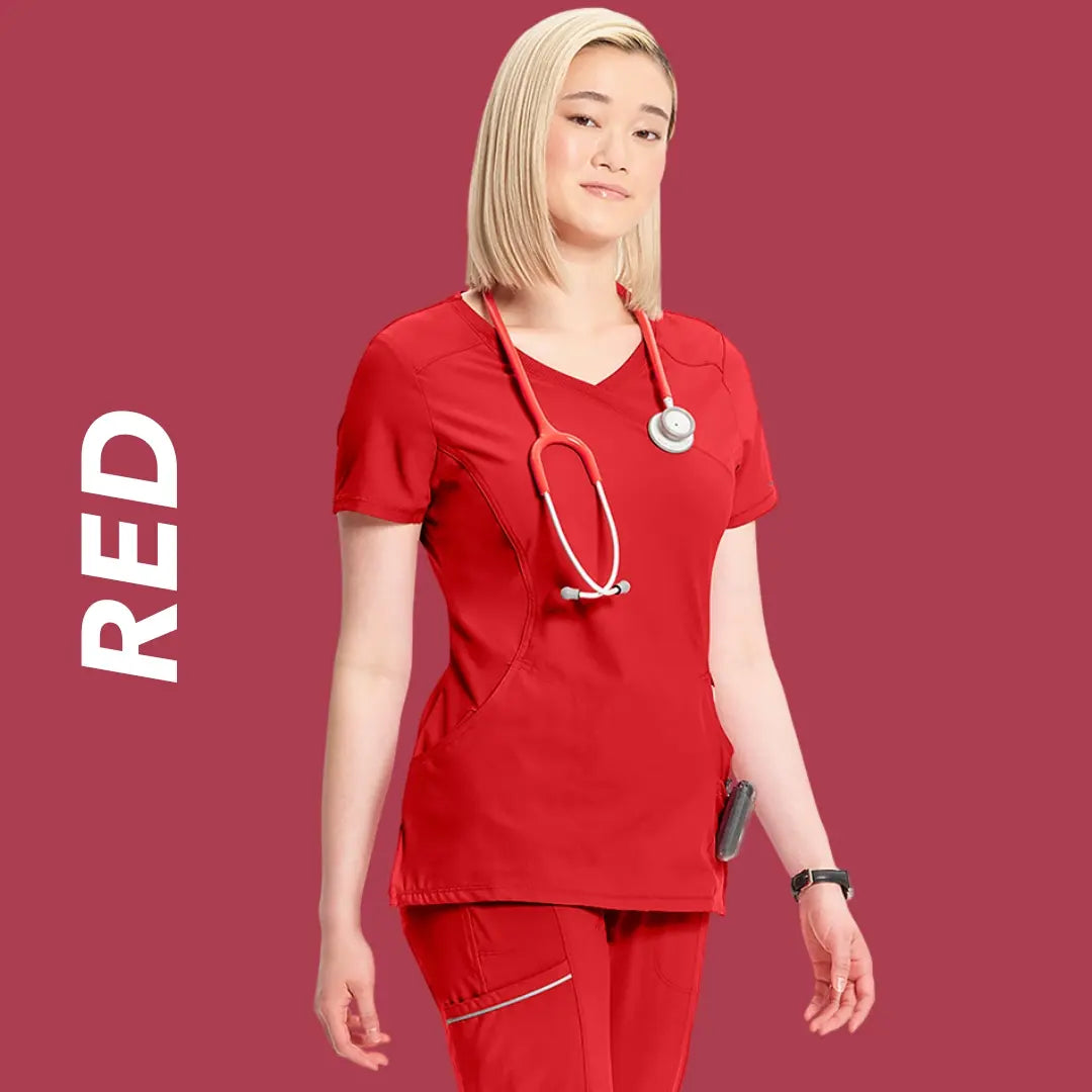 A young female Cardiovascular Nurse wearing red scrubs on a light red background featuring text to the left stating "Red".