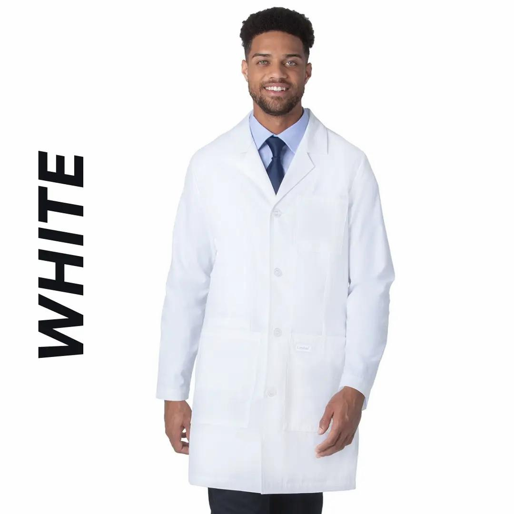 A young male Physician wearing a white lab coat on a solid, white background with text to the left stating "white".