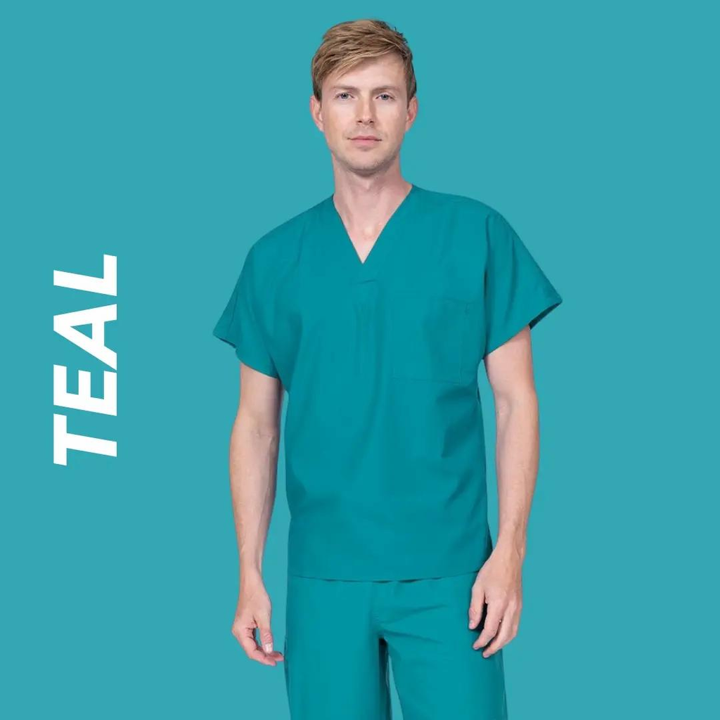 A young male Urologist wearing Teal scrubs on a light blue/green background with text to the left stating "Teal".