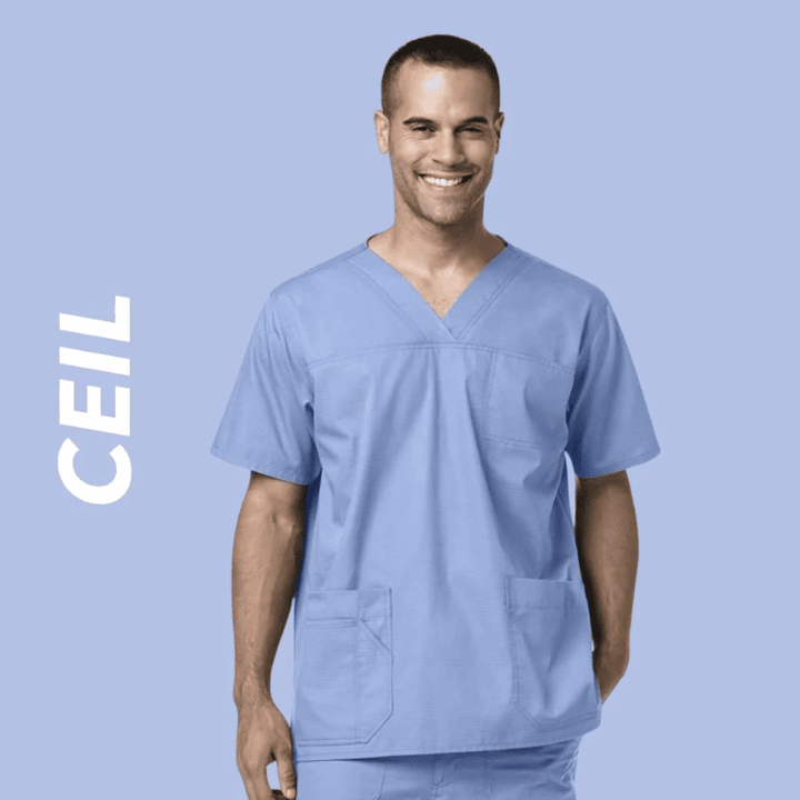 A young male Dental Assistant wearing Ceil scrubs on a light blue background with text to the left stating "Ceil".