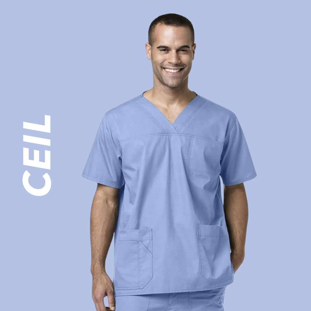 A young male Dental Assistant wearing Ceil scrubs on a light blue background with text to the left stating "Ceil".