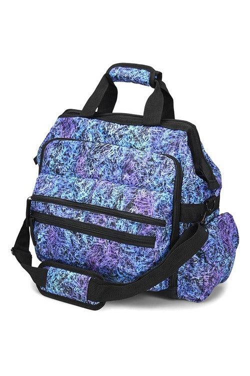 An image of the NurseMates Ultimate Medical Bag from the back in "Electric Amethyst" featuring heavy duty zippers & multiple compartments for maximum storage room.