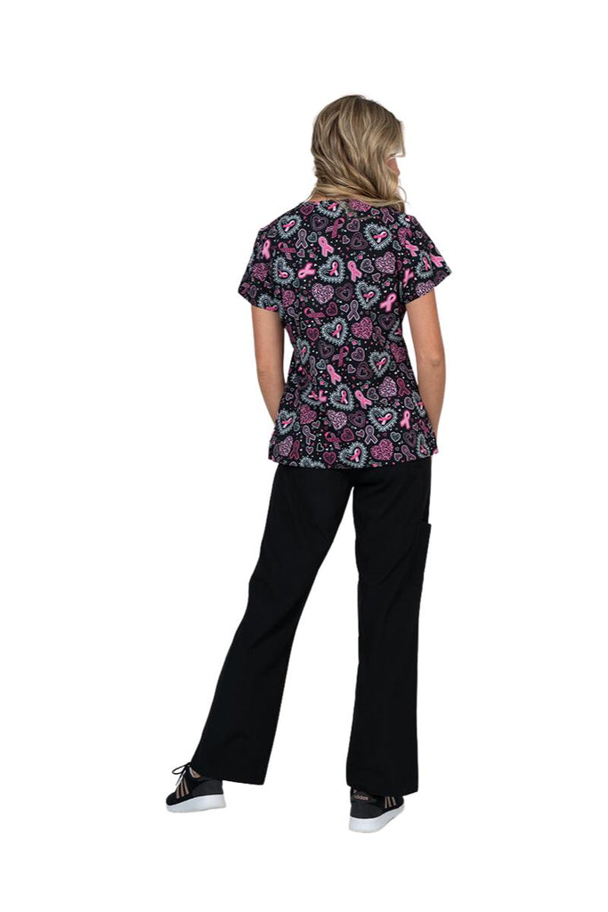 An image of the back of the Meraki SPort Women's Breast Cancer Awareness Printed Scrub Top in "Pink Strength" size medium featuring a center back length of 26.5".