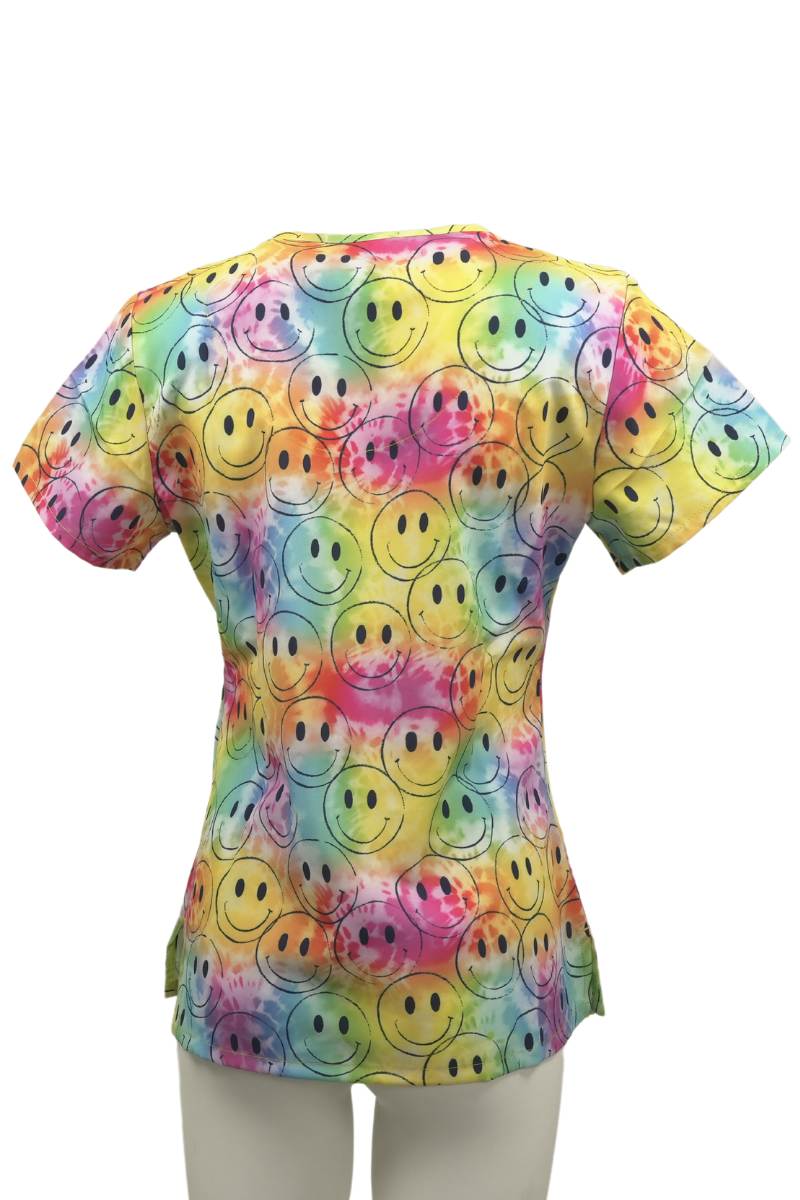 The back of the Meraki Sport Women's Print Scrub Top in Smiley Days size medium featuring a center back length of 26.5".