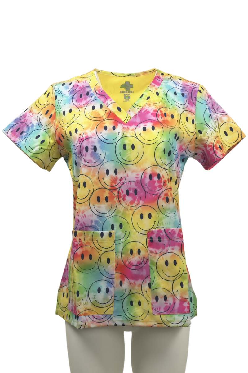 The front of the Meraki Sport Women's Print Scrub Top in Smiley Days on a white background.