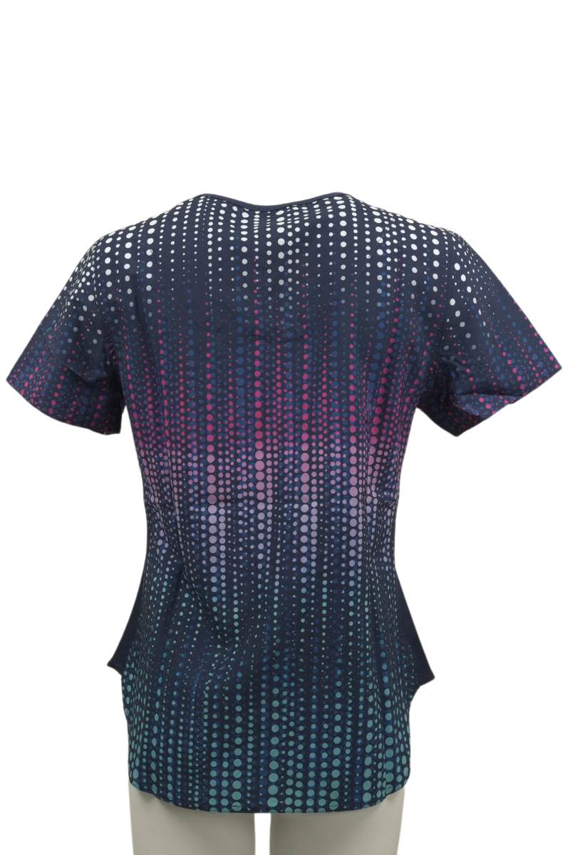 The back of the 1128 Meraki Sport Print Top in Dazzle n Dots featuring a center back length of 28".