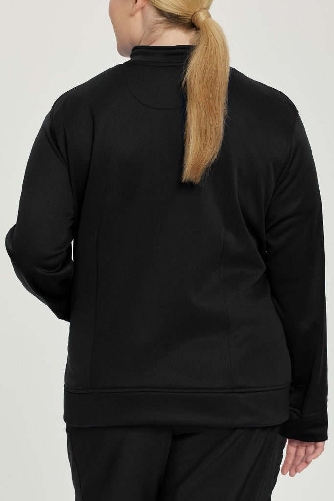 The back of the Urbane Performance Women's Zip-Up Scrub Jacket in Black featuring a center back length of 27".