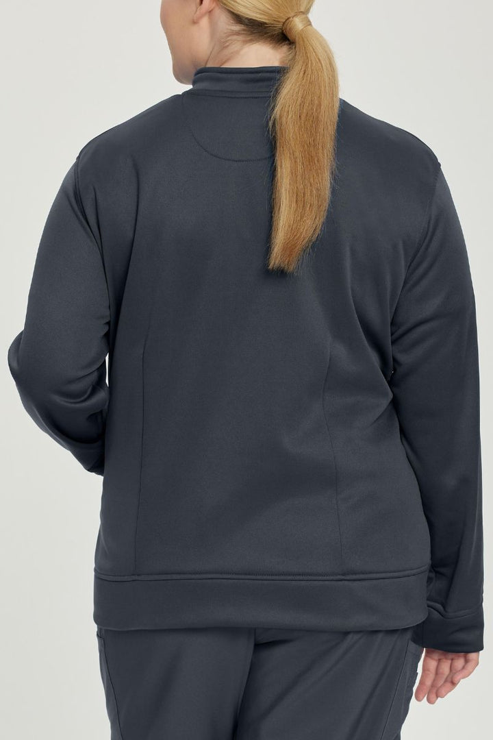 The back of the Urbane Performance Women's Zip-Up Scrub Jacket in Graphite featuring a center back length of 27".