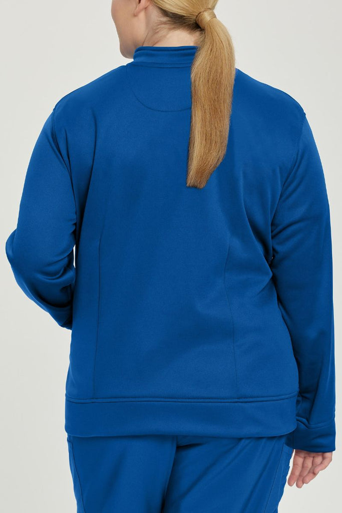 The back of the Urbane Performance Women's Zip-Up Scrub Jacket in Royal Blue featuring a center back length of 27".