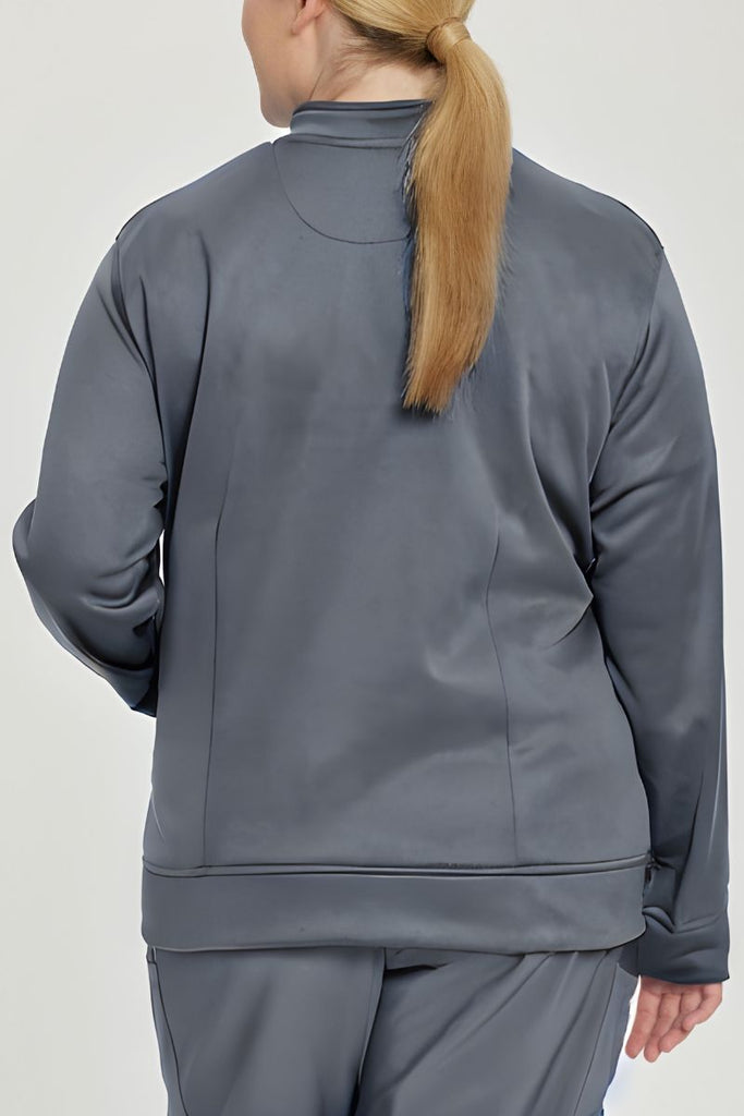 The back of the Urbane Performance Women's Zip-Up Scrub Jacket in Steel Grey featuring a center back length of 27".