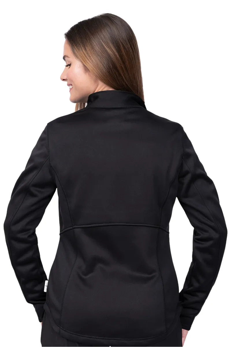 An image of the back of a Pharmacist wearing an Ava Therese Women's Bonded Fleece Jacket in Black size Small featuring stylish seaming throughout.