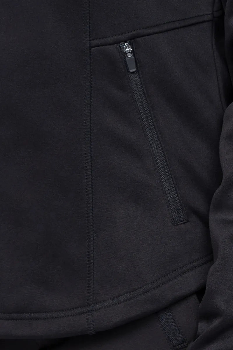An up close image of the left side zip closure on seam pocket on the Ava Therese Women's Bonded Fleece Jacket in Black size 3XL.