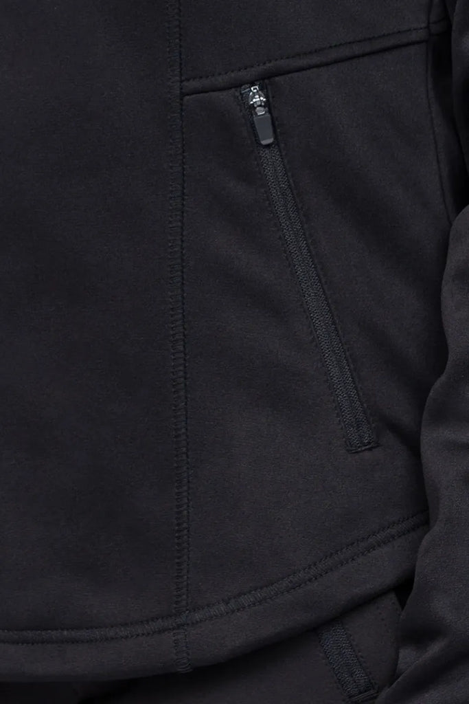An up close image of the left side zip closure on seam pocket on the Ava Therese Women's Bonded Fleece Jacket in Black size 3XL.