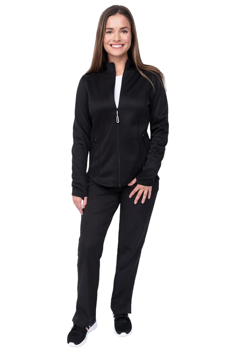 A full body image of a young female Family Practitioner wearing an Ava Therese Women's Bonded Fleece Jacket in Black size Medium featuring a soft, light fleece has an anti-static finish.