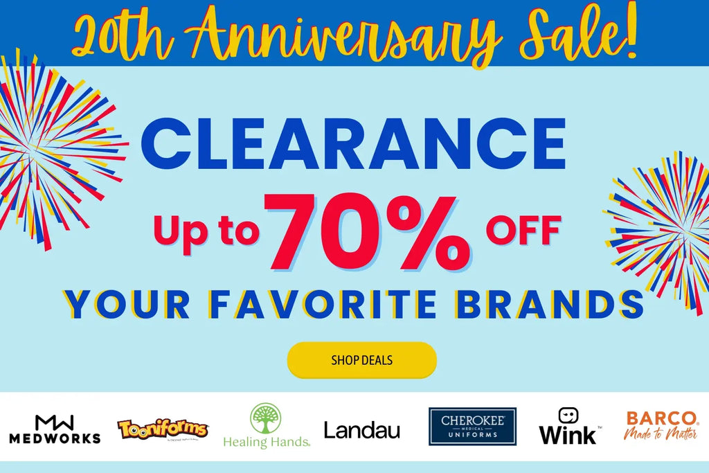 Scrub Pro Uniforms is running a 20th Anniversary Sale with clearance items up to 70% off on Industry favorite brands like MedWorks, Cherokee, Healing Hands, and so much more!