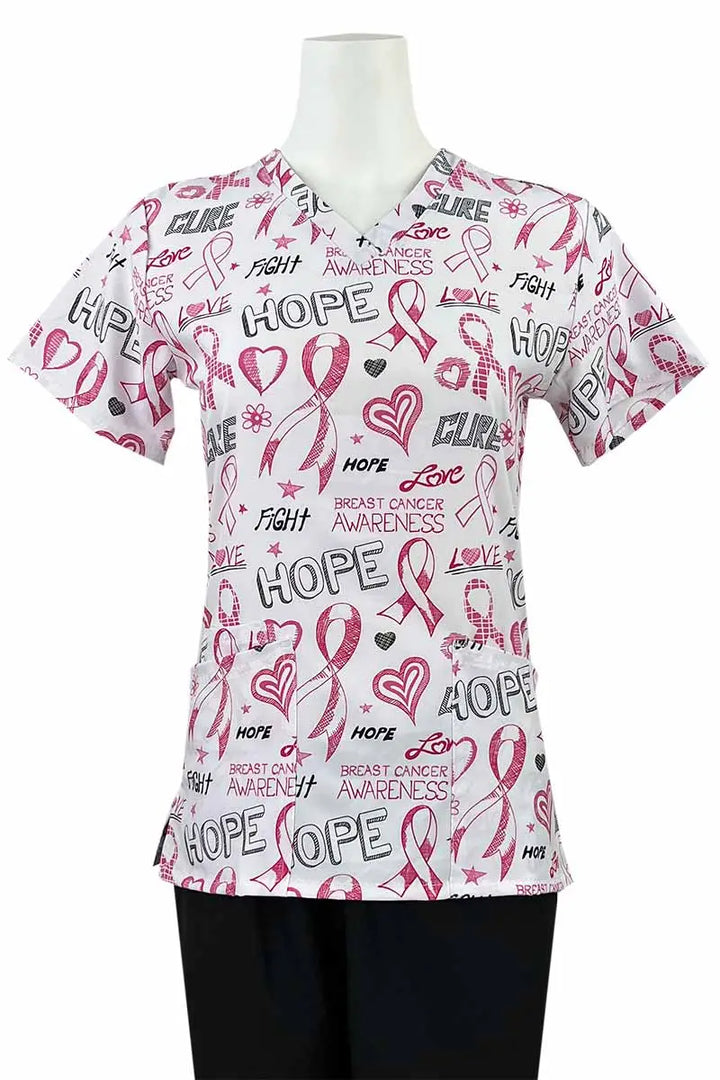 An Essentials Women's Breast Cancer Awareness Print Top in "Breast Cancer Jett" featuring a total of 3 pockets for all of your on the job storage needs.