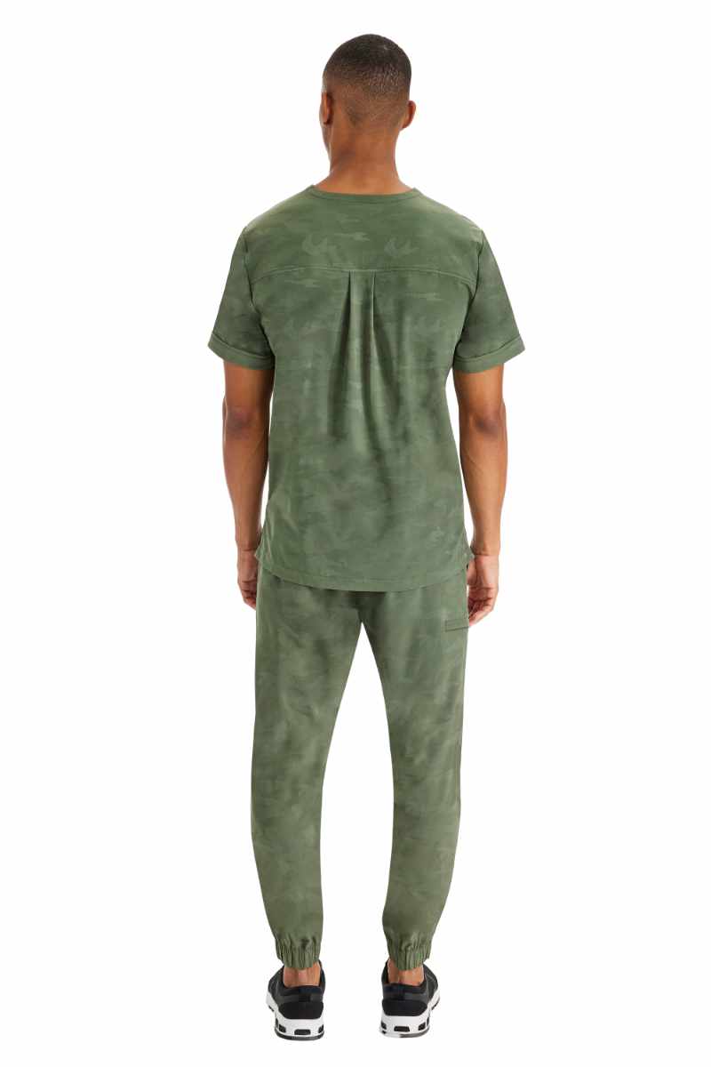 An image of the back of the Purple Labe by Healing Hands Men's Jack Camo Scrub Top in "Olive" size XL.