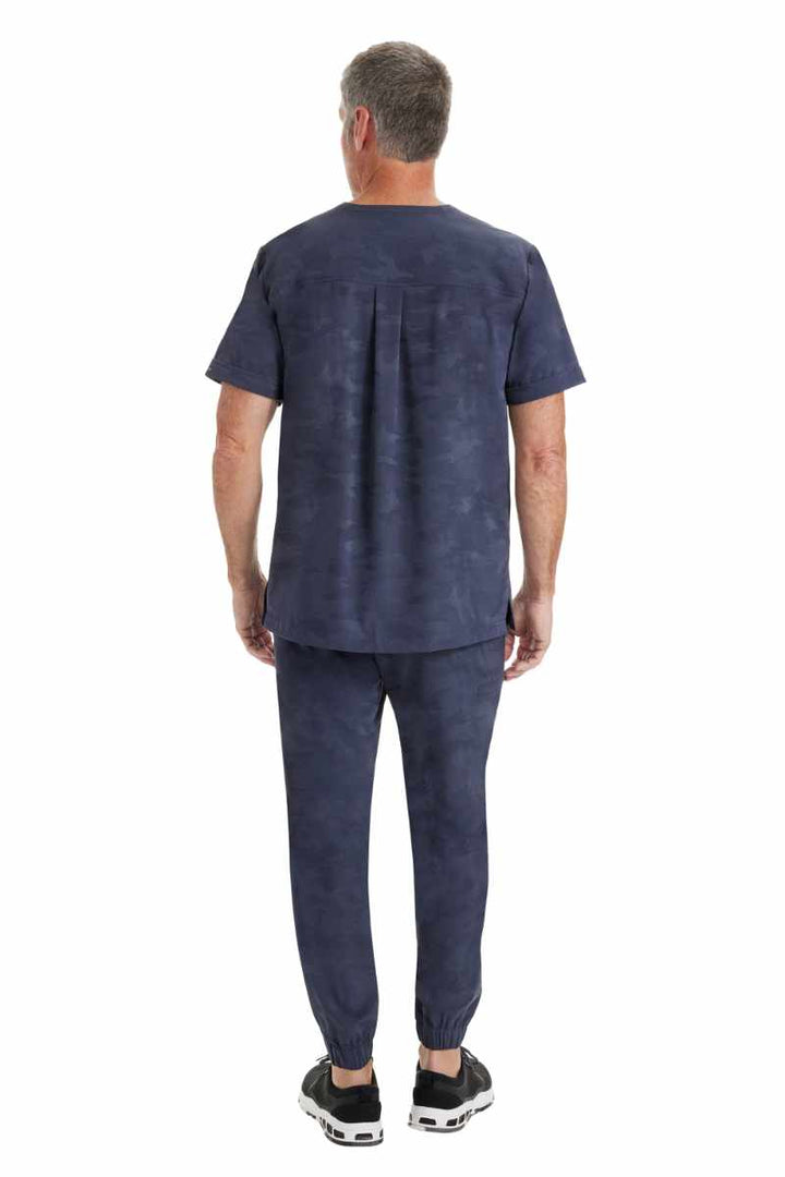 An image of the back of the Purple Labe by Healing Hands Men's Jack Camo Scrub Top in "Pewter" size XL.