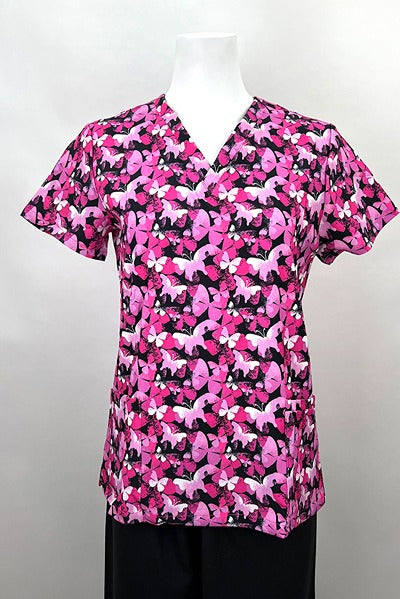 A frontward facing image of the Revel Women's V-Neck Print Scrub Top in "Beautiful Butterflies" size Medium featuring a total of 3 pockets & a contemporary fit.
