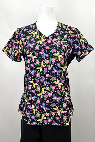 A frontward facing image of the Revel Women's Mock Wrap Print Scrub Top in "Floral Butterfly" in size medium featuring a stylish mock wrap neckline & 2 front curved patch pockets.