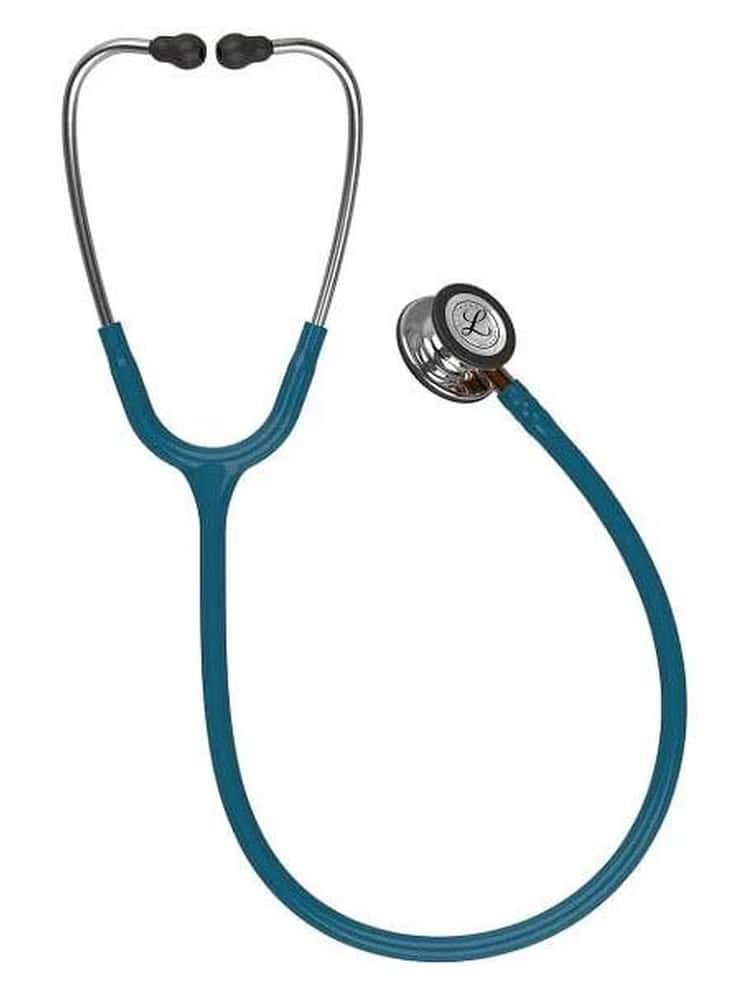 The 3M Littmann Classic III 27" Stethoscope in caribbean featuring a chest piece that is Mirror Orange on a plain white background.
