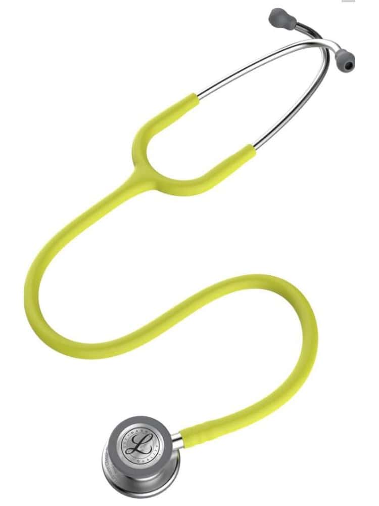 The 3M Littmann Classic III 27" Stethoscope in lemon lime featuring a tunable chest piece on a solid white background.