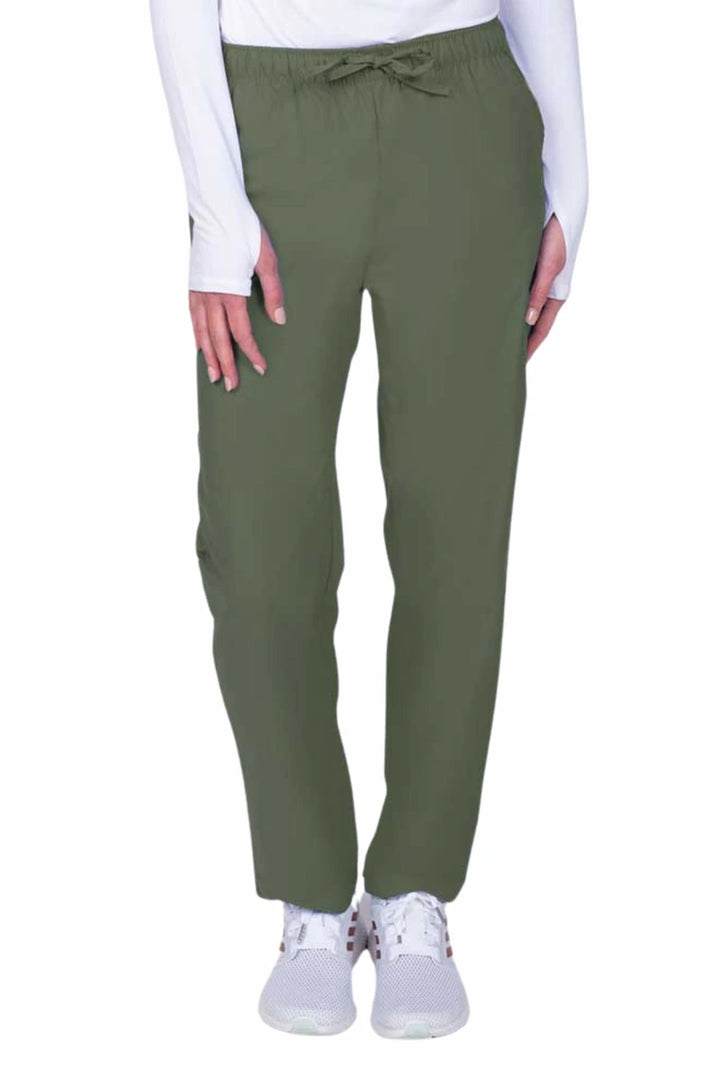 Young woman wearing a Luv Scrubs by MedWorks Women's Elastic Waist Cargo Pant in olive featuring one cargo pocket on the wearer's left side.