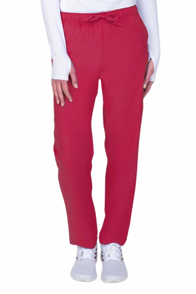 Young woman wearing a Luv Scrubs by MedWorks Women's Elastic Waist Cargo Pant in red featuring one cargo pocket on the wearer's left side.