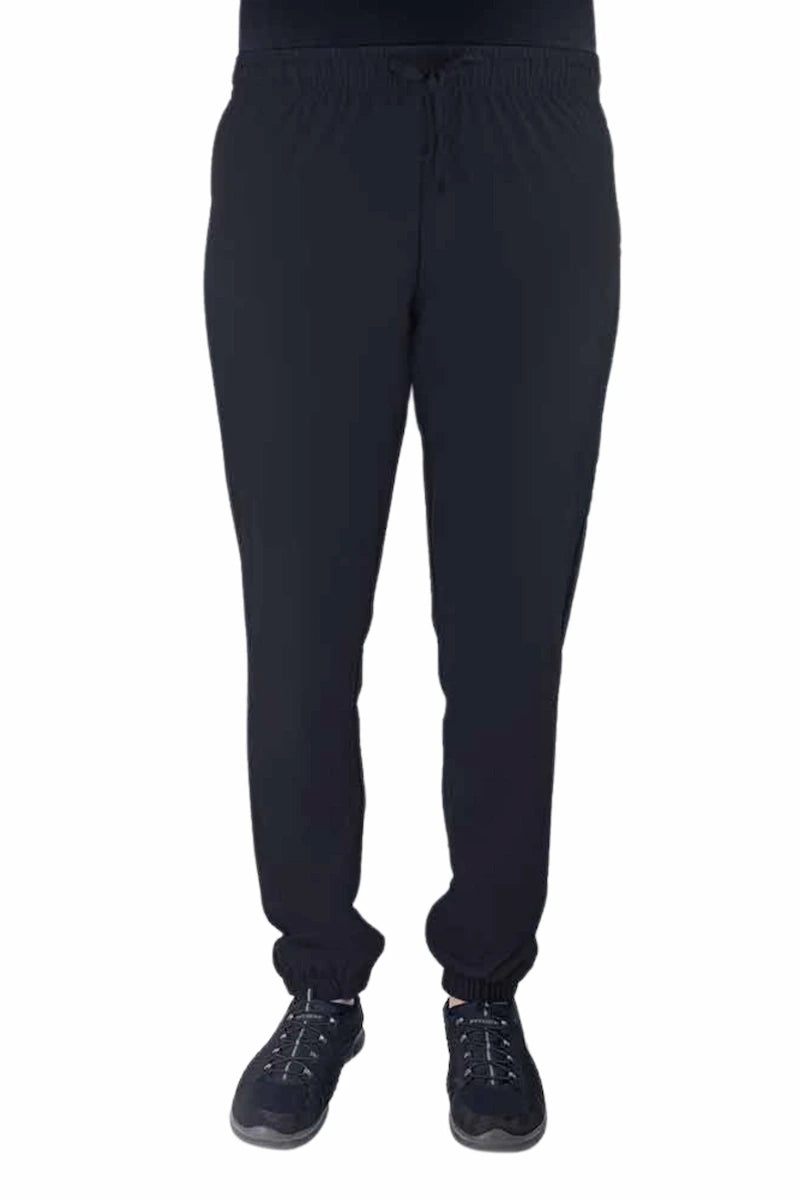 Nurse wearing a Luv Scrubs by MedWorks Women's Pocketless Jogger in black with an elastic, drawstring waist.