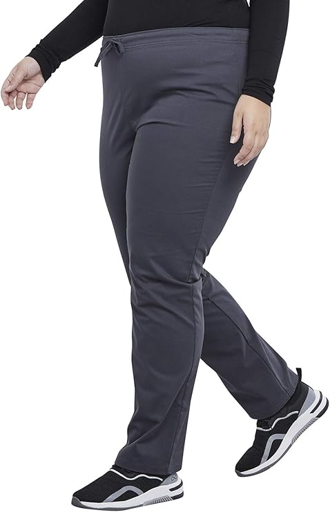 The left side of the Cherokee Unisex Pocketless Scrub Pants in Pewter featuring a mid rise pant style.