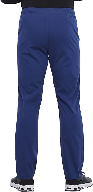 The back of the Cherokee Unisex Pocketless Drawstring Pants in Navy Blue featuring a leg inseam of 31".