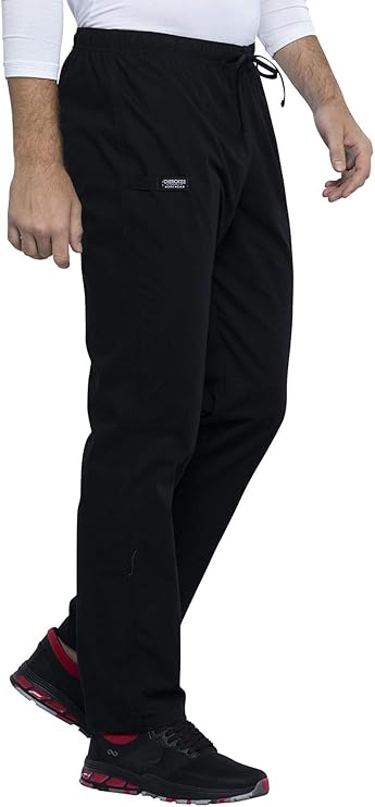 The right side of the Cherokee Unisex Pocketless Scrub Pants featuring an exterior drawstring and elastic waistband.