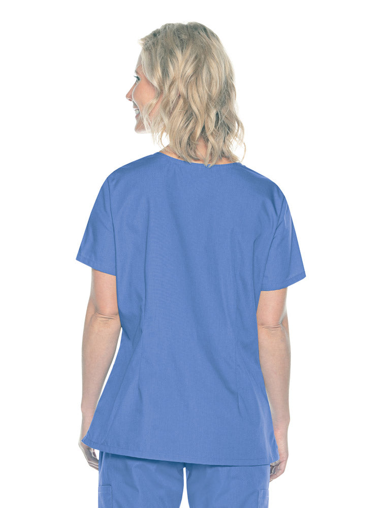 A female Home Health Aide wearing a Landau ScrubZone Women's Mock Wrap Scrub Top in Ceil size XL featuring a center back length of 27.5".