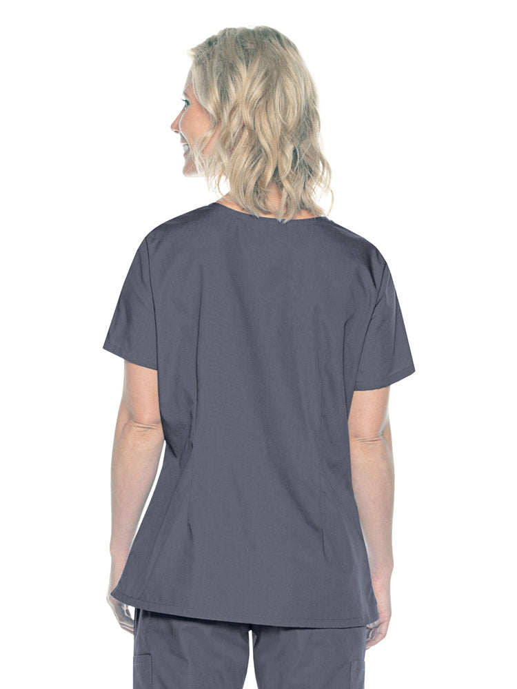 A female Home Health Aide wearing a Landau ScrubZone Women's Mock Wrap Scrub Top in Steel Grey size XL featuring a center back length of 27.5".