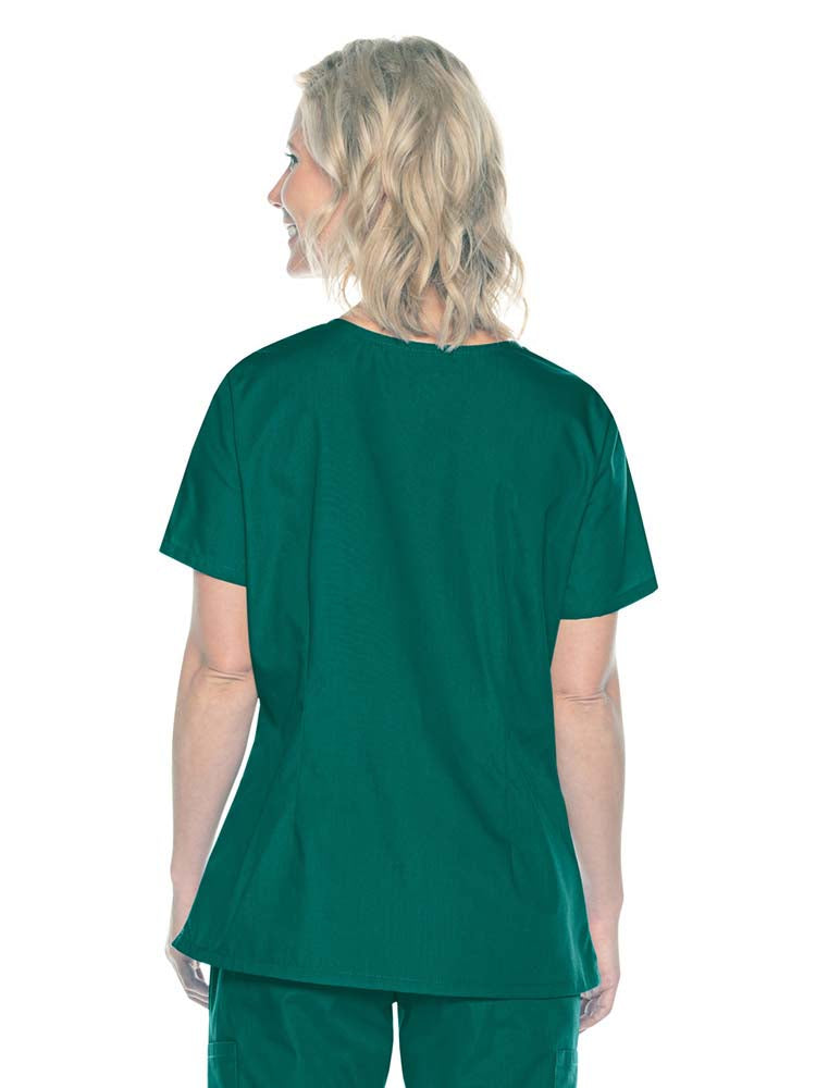A female Home Health Aide wearing a Landau ScrubZone Women's Mock Wrap Scrub Top in Hunter Green size XL featuring a center back length of 27.5".