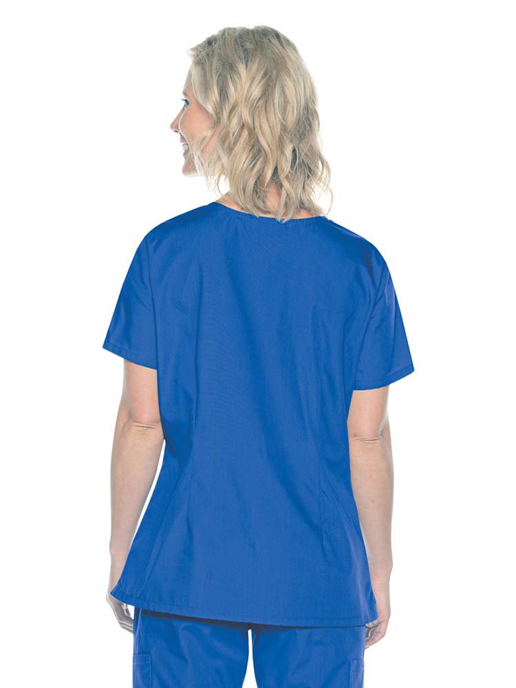 A female Home Health Aide wearing a Landau ScrubZone Women's Mock Wrap Scrub Top in Royal size XL featuring a center back length of 27.5".