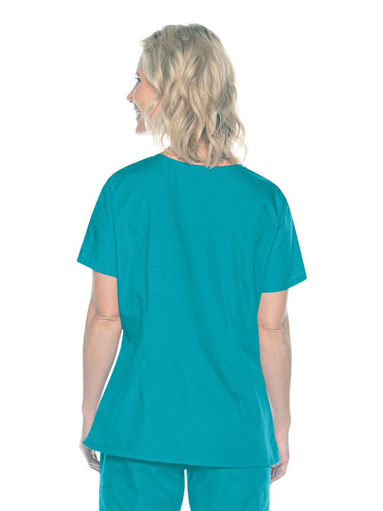 A female Home Health Aide wearing a Landau ScrubZone Women's Mock Wrap Scrub Top in Teal size XL featuring a center back length of 27.5".