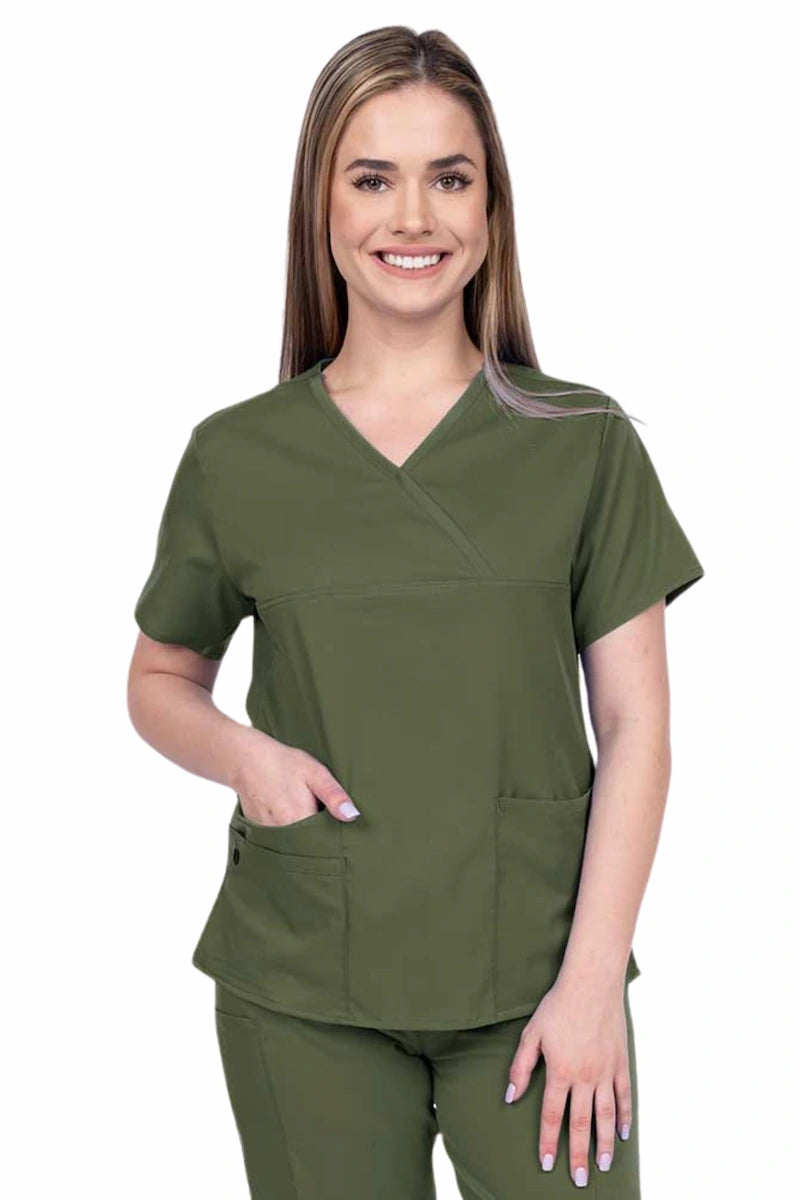 Woman wearing an Epic by MedWorks Women's Y-Neck Scrub Top in olive with a super soft, 2-way stretch fabric designed to move with your body all day long.